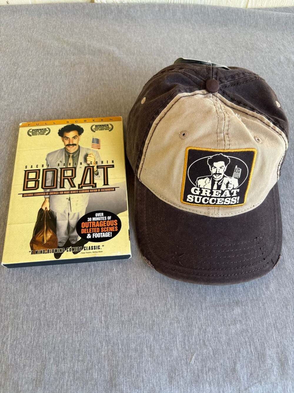 Vintage 2007 Borat Movie Bundle Great Success!Distressed Hat & Full Screen DVD